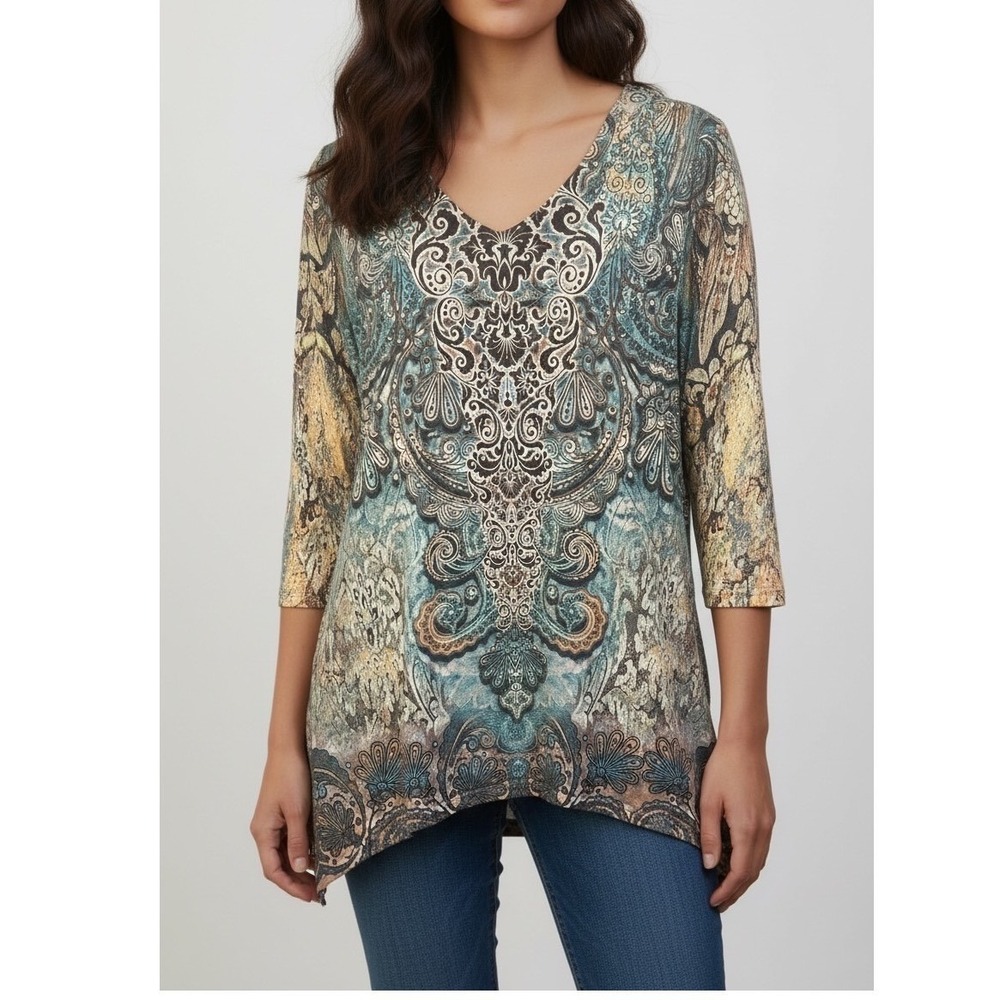 Indigo Soul Womens L Blue Paisley Medallion V-Neck Sharkbite Hem Tunic Top
